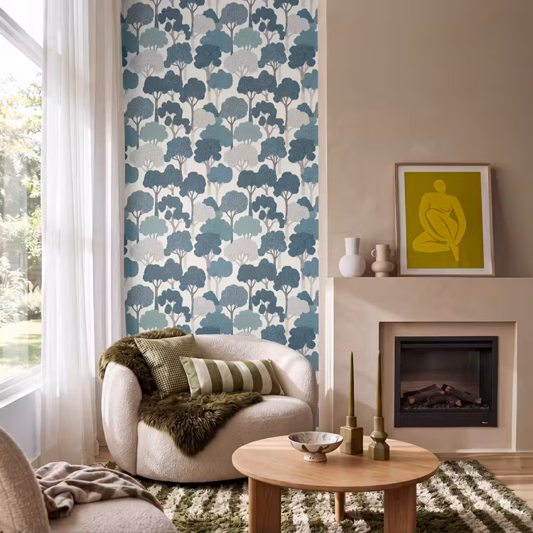 Modern - Bomen - Bos - Patroon - Blauw Behang Vlies klein 1076 -sfeer2