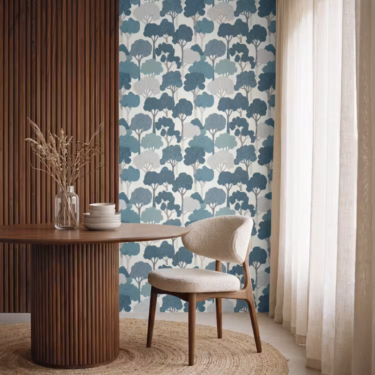 Modern - Bomen - Bos - Patroon - Blauw Behang Vlies klein 1076 -sfeer1