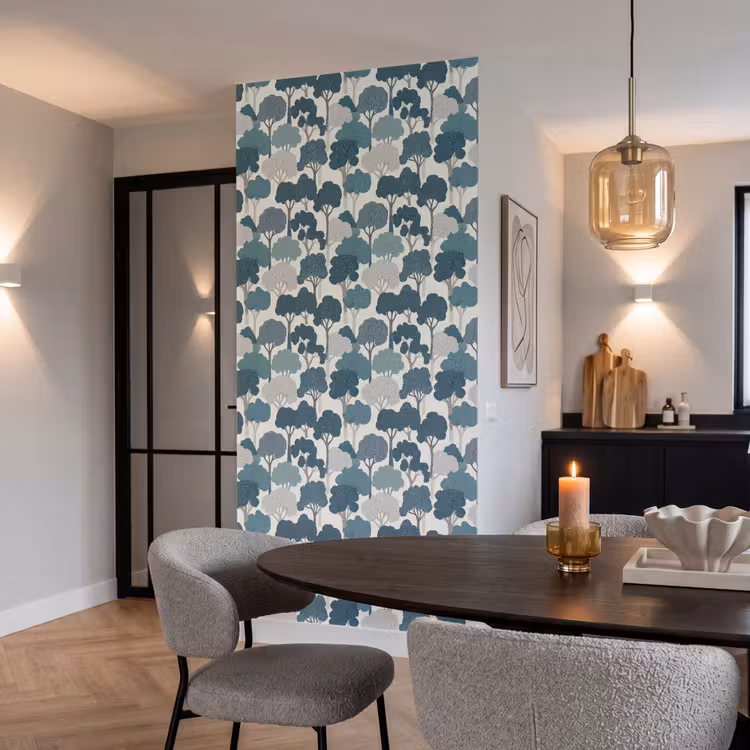 Modern - Bomen - Bos - Patroon - Blauw Behang Vlies klein 1076 -sfeer3