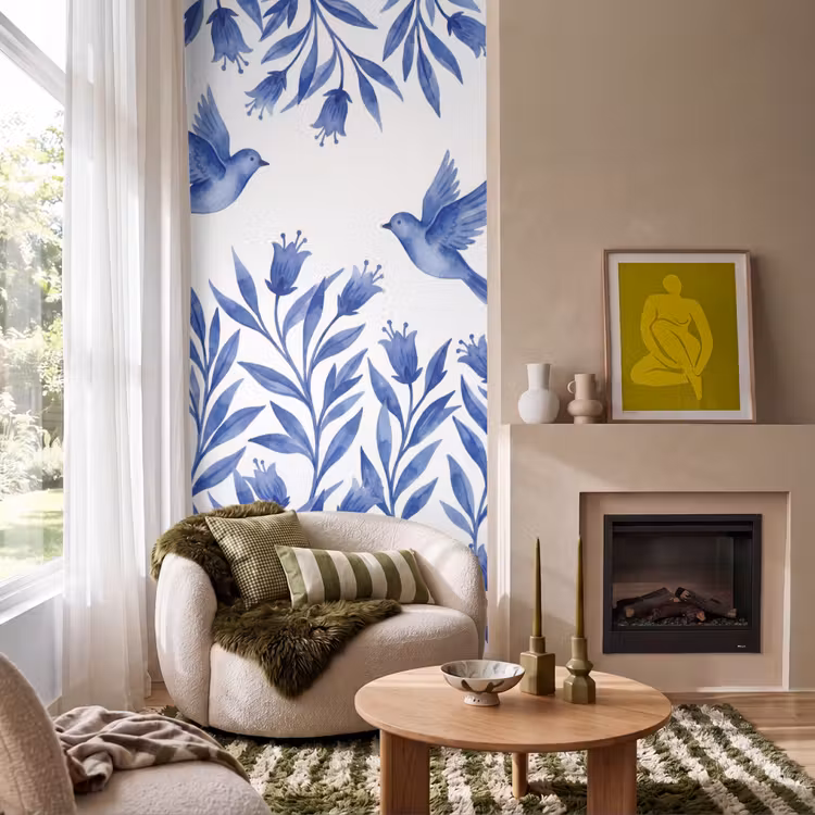 Modern - Vogels - Delfts - Blauw Behang Vlies klein -sfeer2