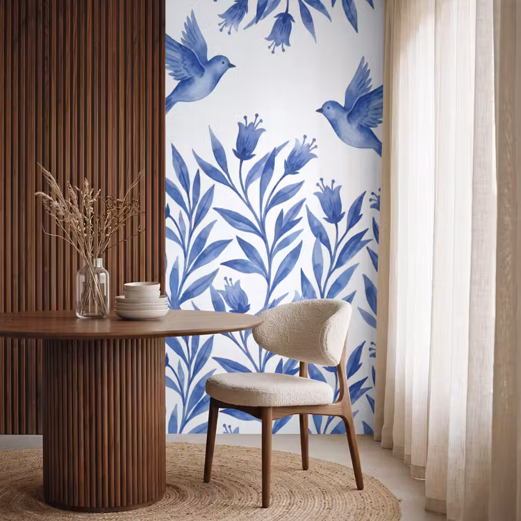 Modern - Vogels - Delfts - Blauw Behang Vlies klein -sfeer1