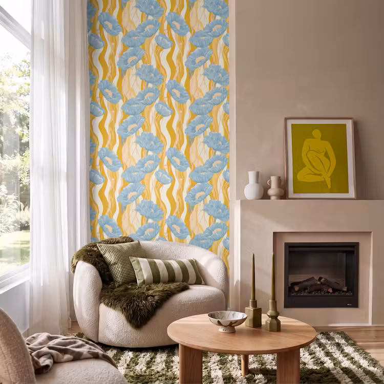 Papavers - Botanisch - Blauw Behang Vlies klein 1076 -sfeer2