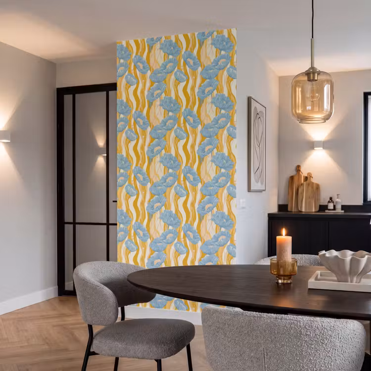 Papavers - Botanisch - Blauw Behang Vlies klein 1076 -sfeer3