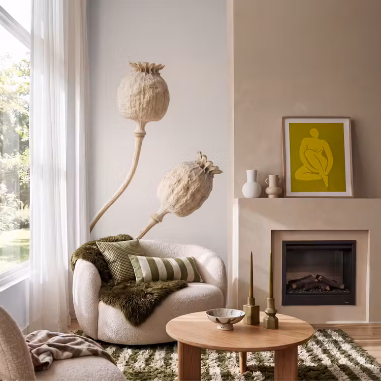 Papaverbollen - Droogbloemen - Minimalistisch - Beige - Rustig Behang Vlies klein -sfeer2