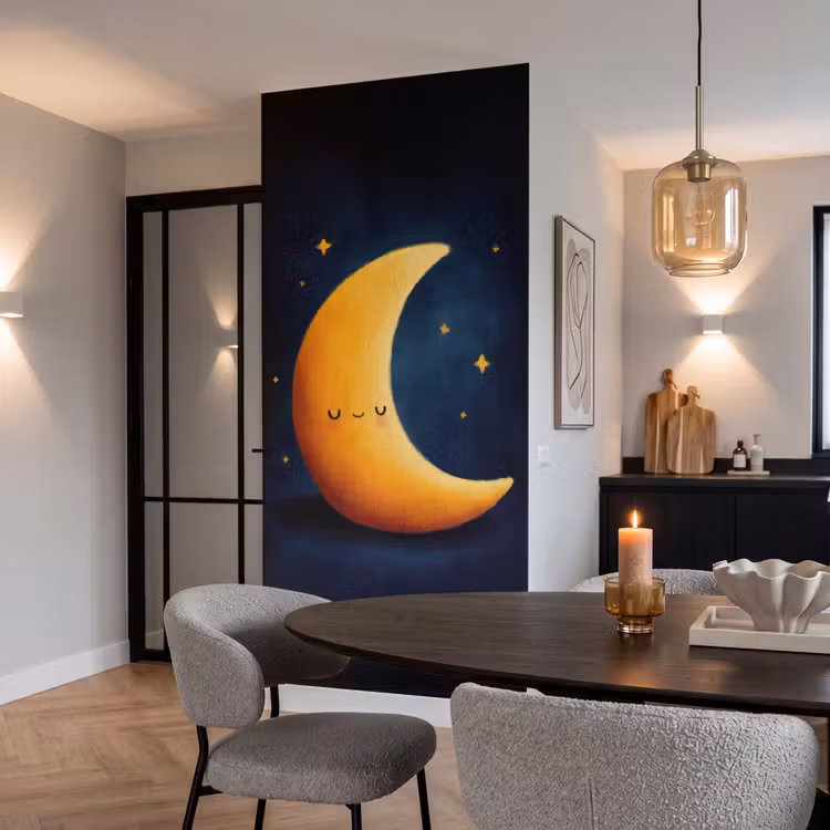 Maan - Geel - Sterren - Gezichtje Behang Vlies klein -sfeer3
