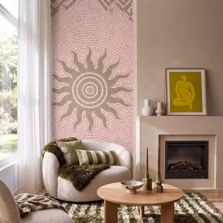 Mozaïek - Zon - Patroon - Klassiek - Roze Behang Vlies klein -sfeer2