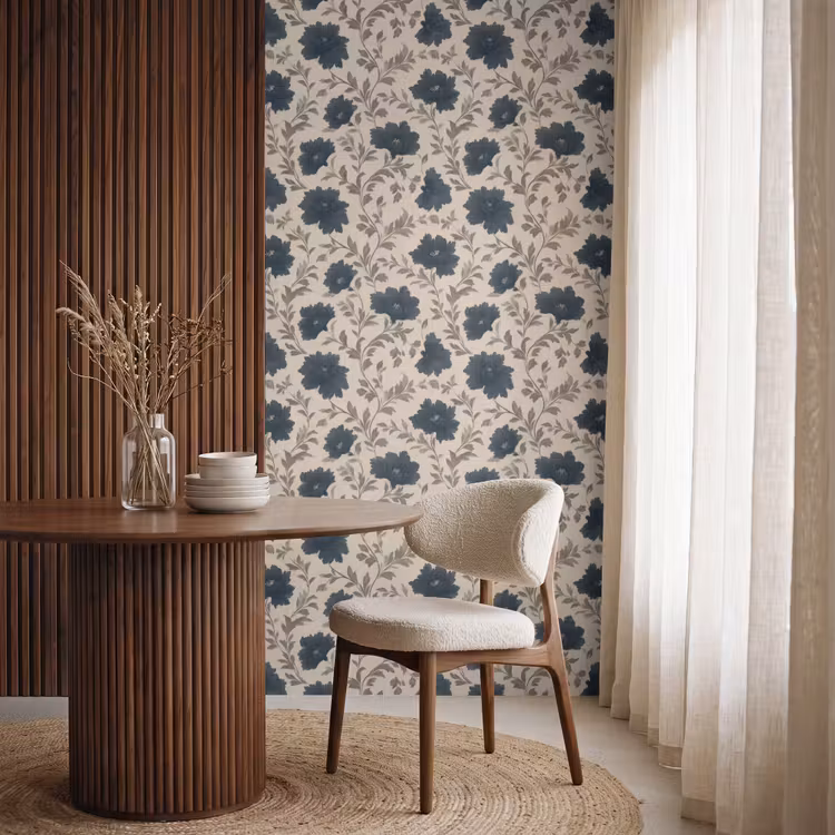 Motief - Bloemen - Zwart - Beige Behang Vlies klein 1076 -sfeer1