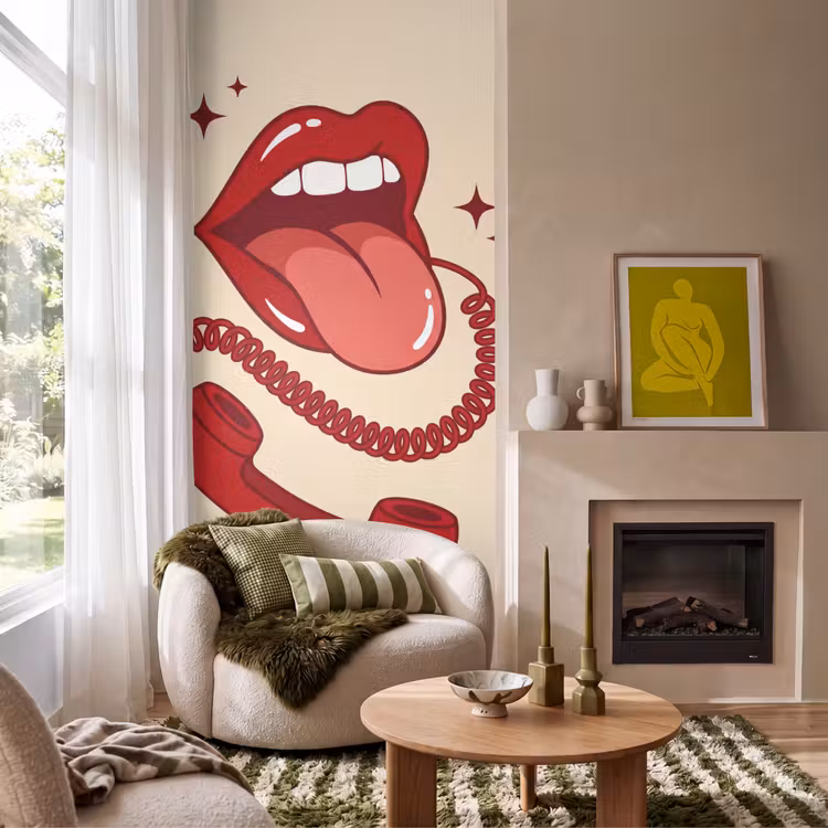 Mond - Telefoon - Popart - Rood - Illustratie Behang Vlies klein -sfeer2