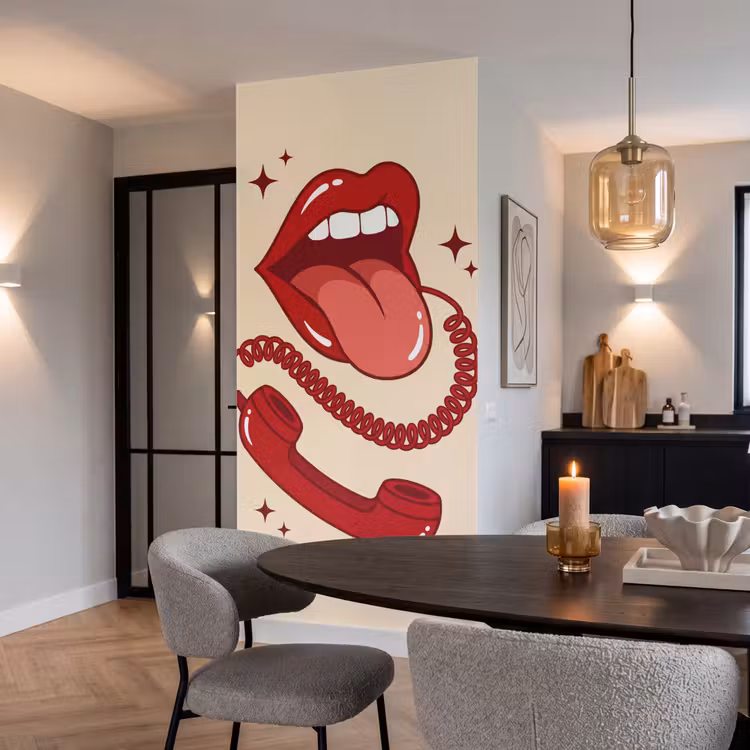 Mond - Telefoon - Popart - Rood - Illustratie Behang Vlies klein -sfeer3