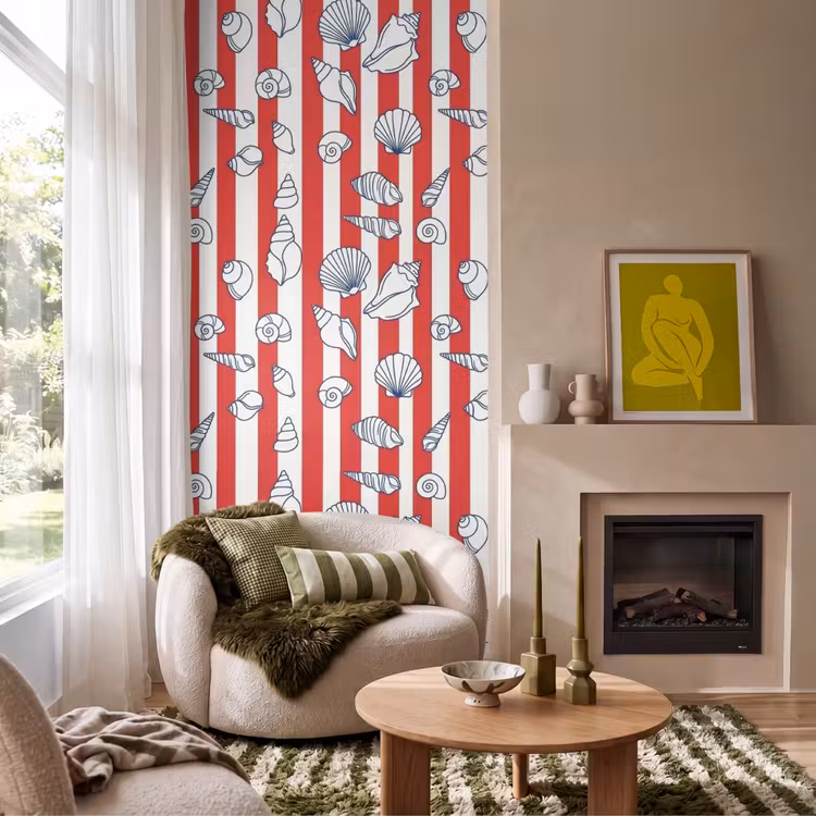 Tapete - Muschel – Meerestiere – Sommer – Illustration – Rot – Blau - Schelp - Zeedieren - Zomer - Illustratie - Rood - Blauw Behang Vlies klein