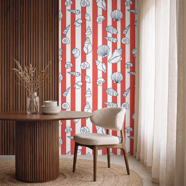Tapete - Muschel – Meerestiere – Sommer – Illustration – Rot – Blau - Schelp - Zeedieren - Zomer - Illustratie - Rood - Blauw Behang Vlies klein
