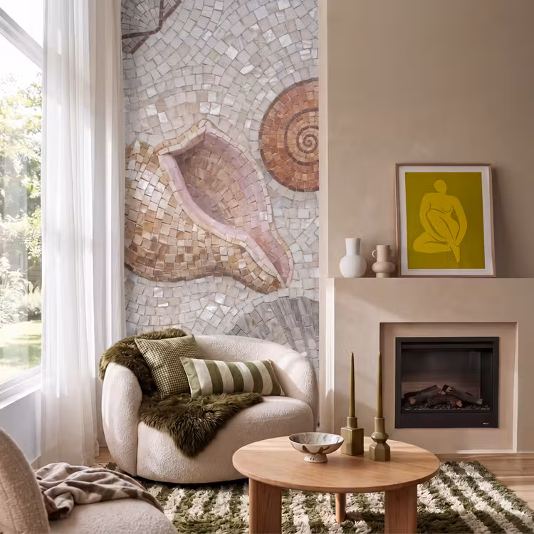 Schelp - Mozaïek - Zee - Beige - Modern Behang Vlies klein -sfeer2