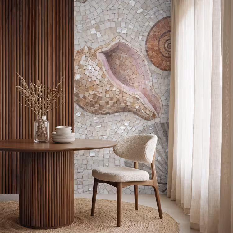 Schelp - Mozaïek - Zee - Beige - Modern Behang Vlies klein -sfeer1