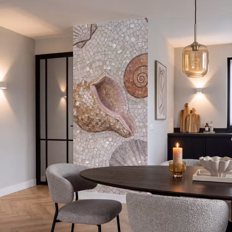 Schelp - Mozaïek - Zee - Beige - Modern Behang Vlies klein -sfeer3