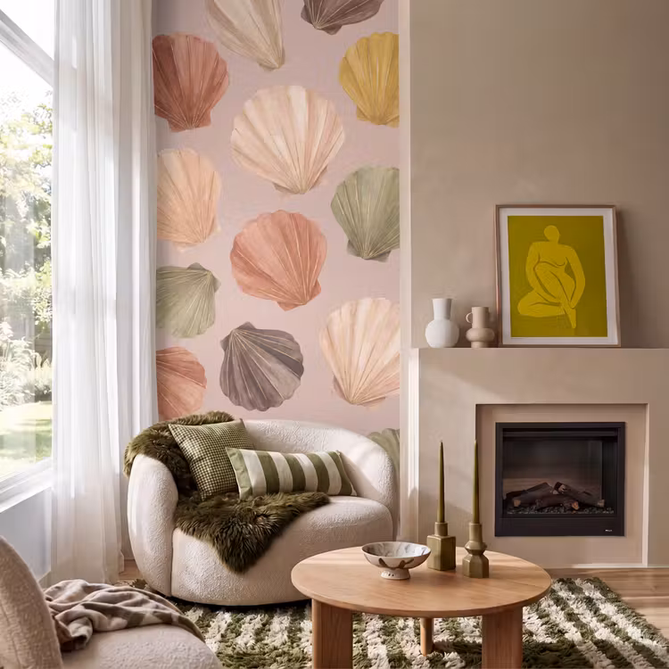 Schelp - Patroon - Zee - Aquarel - Aardetinten Behang Vlies klein -sfeer2