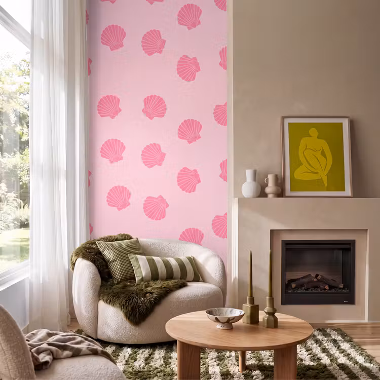 Schelp - Patroon - Zee - Modern - Roze Behang Vlies klein -sfeer2