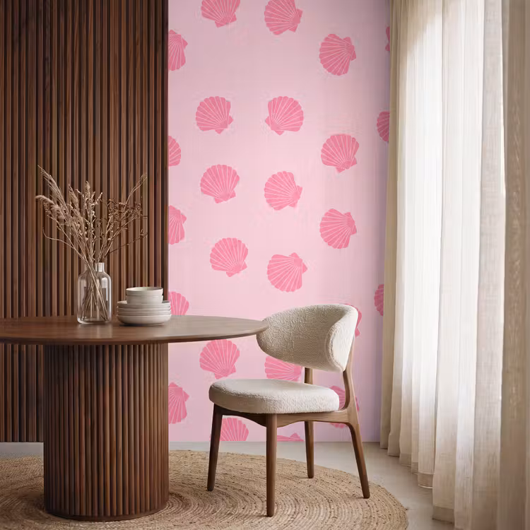 Schelp - Patroon - Zee - Modern - Roze Behang Vlies klein -sfeer1