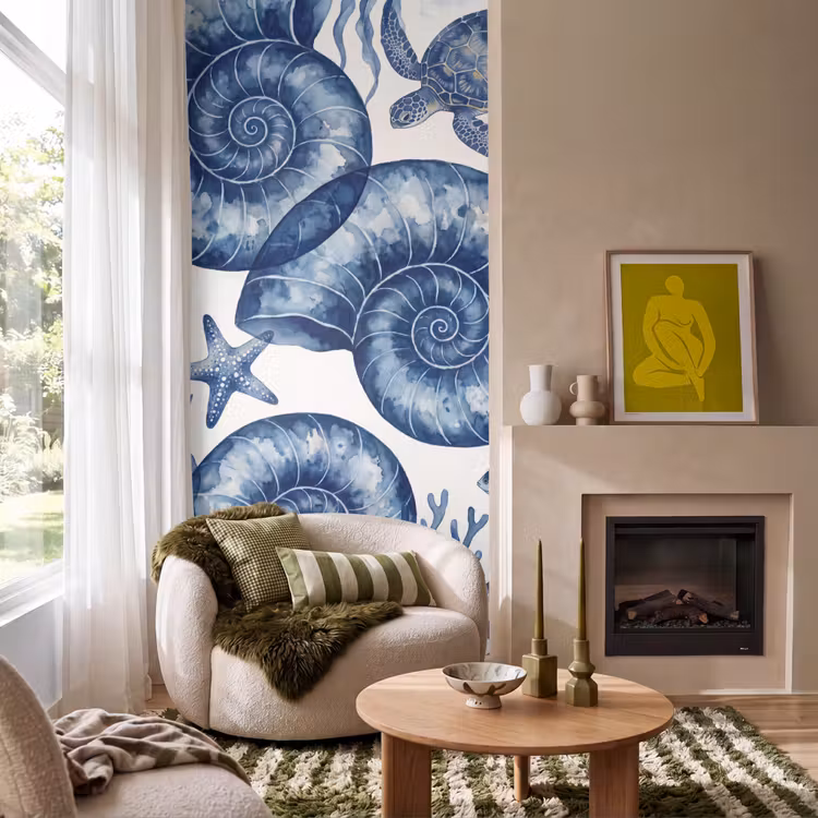 Schelp - Spiraal - Zeeleven - Aquarel - Blauw Behang Vlies klein -sfeer2