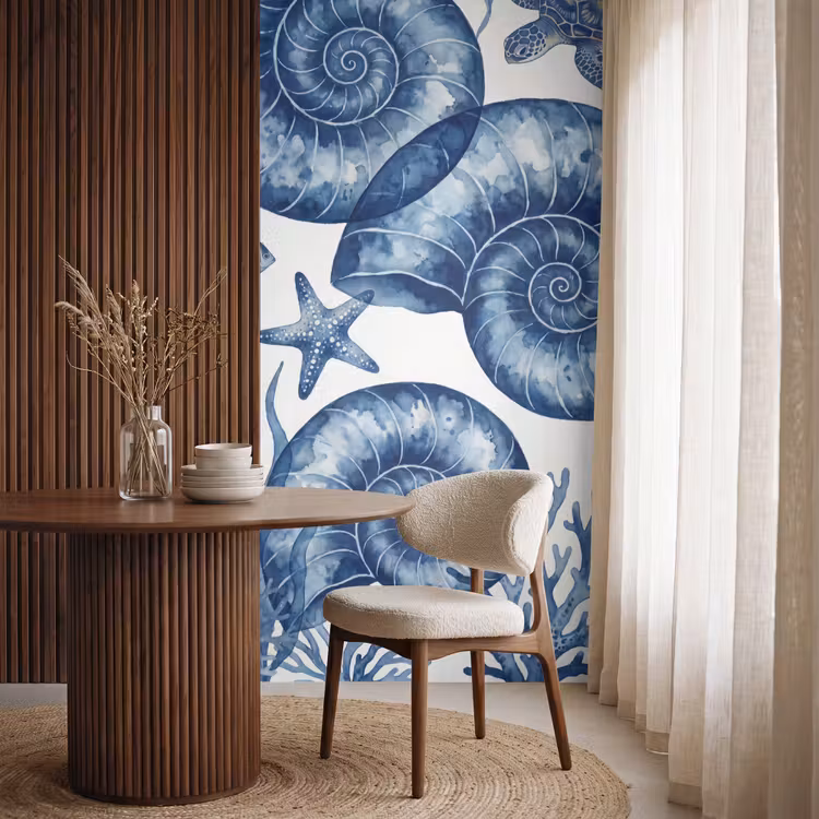 Schelp - Spiraal - Zeeleven - Aquarel - Blauw Behang Vlies klein -sfeer1