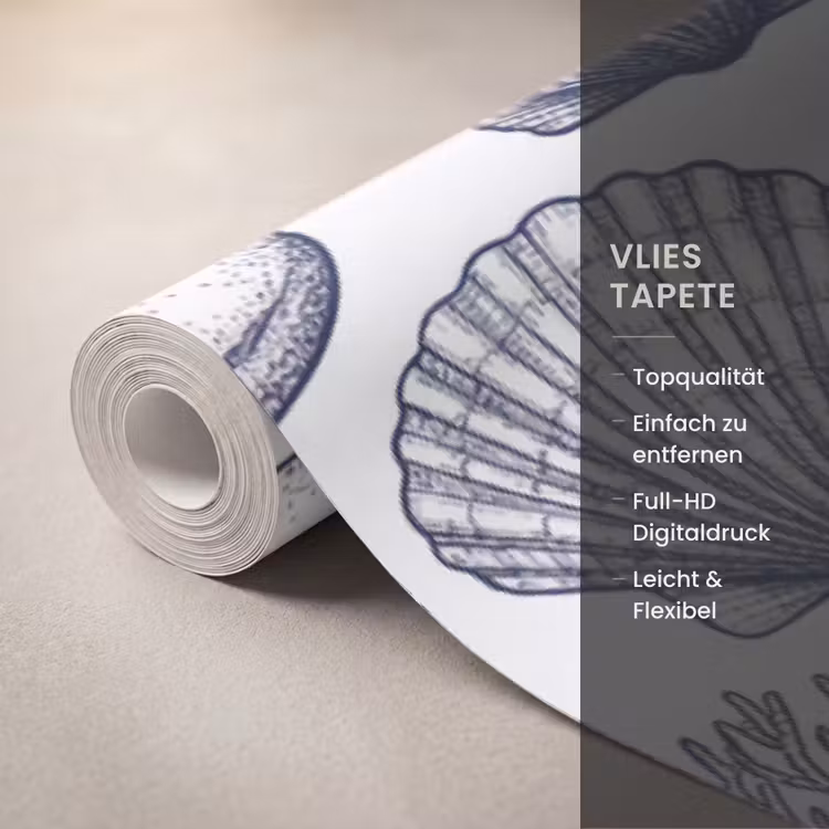 Schelpen - Zeewier - Oceaan - Illustratie - Blauw Behang Vlies klein -USP_closeupDE