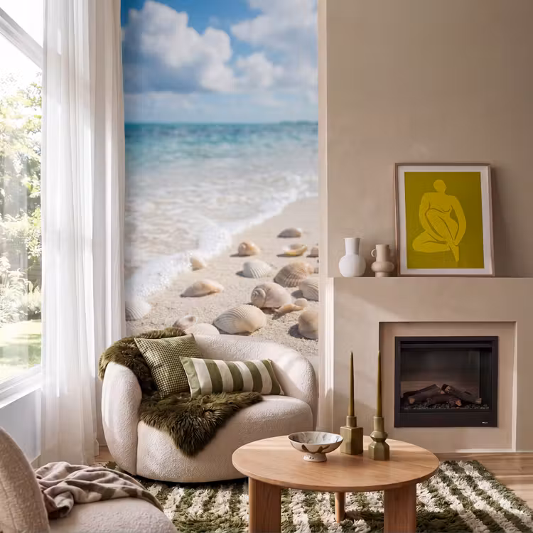 Schelpen - Strand - Natuur - Beige Behang Vlies klein -sfeer2