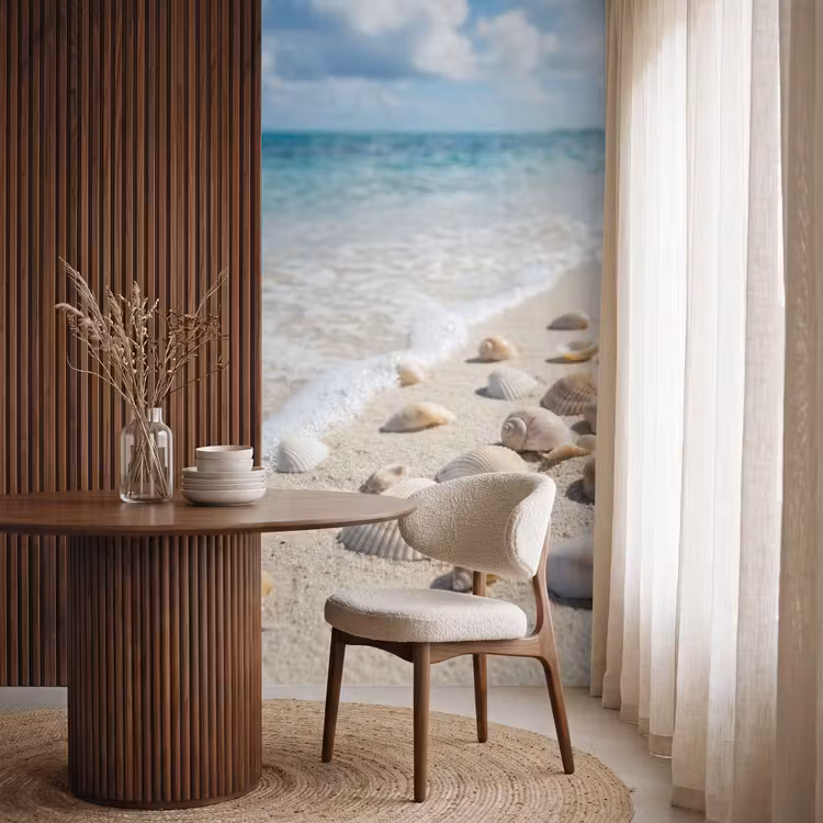 Schelpen - Strand - Natuur - Beige Behang Vlies klein -sfeer1