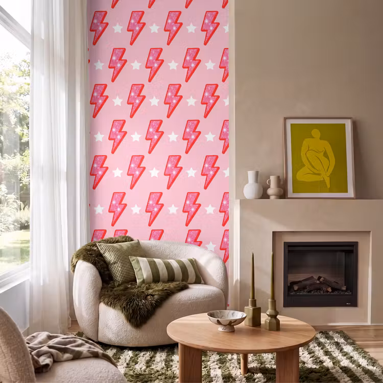 Patroon - Bliksem - Ster - Glitter - Roze Behang Vlies klein -sfeer2