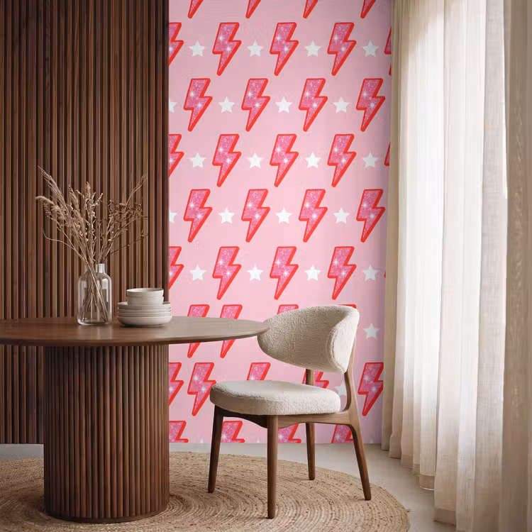 Patroon - Bliksem - Ster - Glitter - Roze Behang Vlies klein -sfeer1