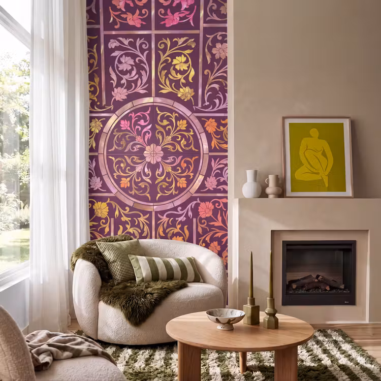 Patroon - Floraal - Oosters - Paars - Goud Behang Vlies klein -sfeer2