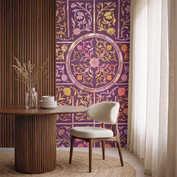 Patroon - Floraal - Oosters - Paars - Goud Behang Vlies klein -sfeer1