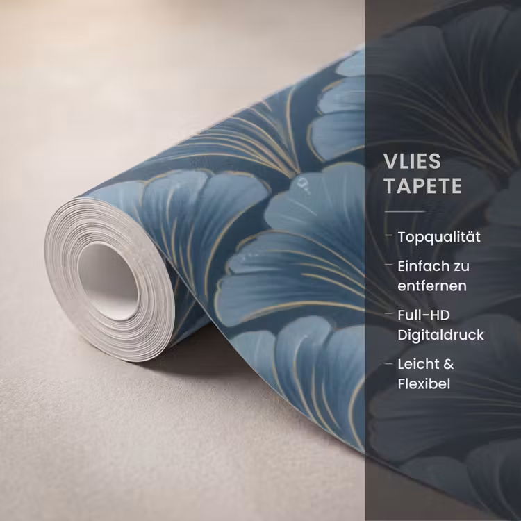 Patroon - Ginkgoblad - Blauw Behang Vlies klein 1076 -USP_closeupDE