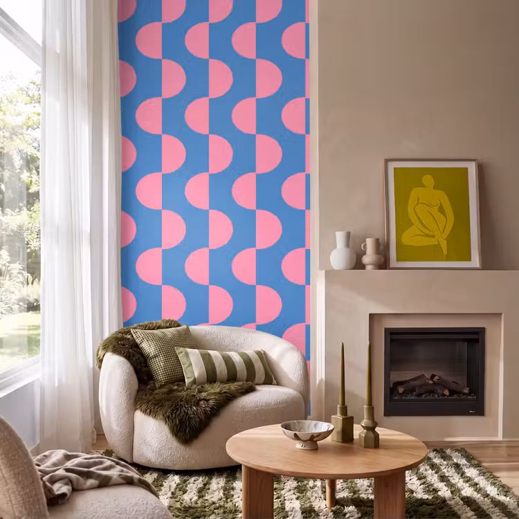 Patroon - Halve cirkels - Abstract - Modern - Roze - Blauw Behang Vlies klein -sfeer2