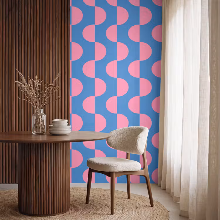 Patroon - Halve cirkels - Abstract - Modern - Roze - Blauw Behang Vlies klein -sfeer1