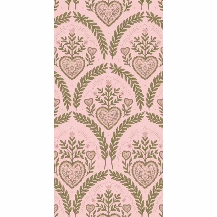 Patroon - Hart - Bloemen - Folkloristisch - Roze Behang Vlies klein -3d_website