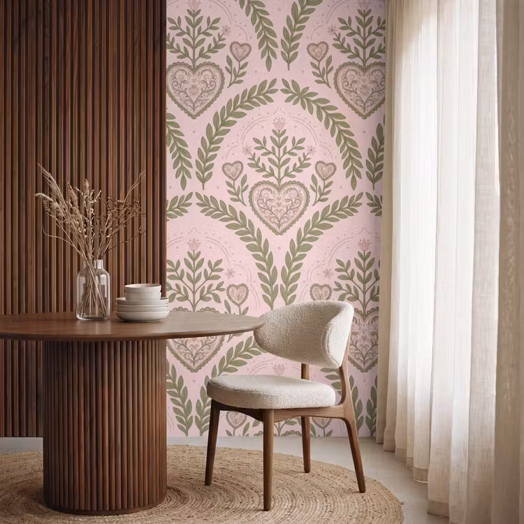 Patroon - Hart - Bloemen - Folkloristisch - Roze Behang Vlies klein -sfeer1