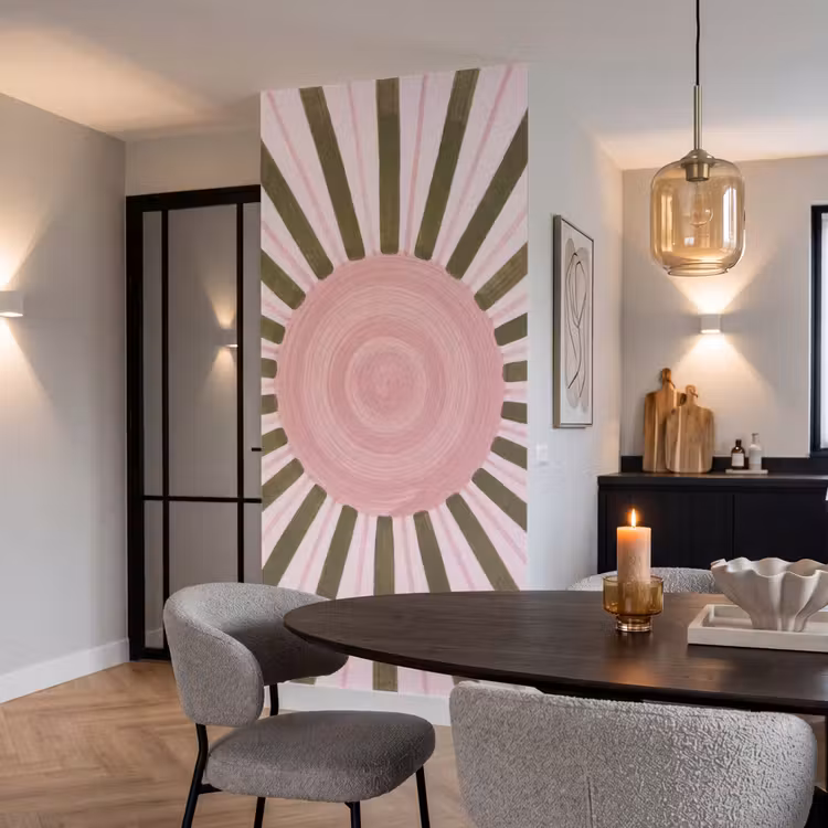 Patroon - Cirkel - Stralen - Abstract - Roze Behang Vlies klein -sfeer3