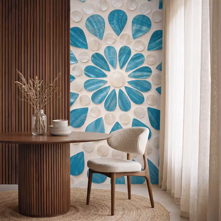 Patroon - Mozaïek - Schelpen - Abstract - Turquoise Behang Vlies klein -sfeer1