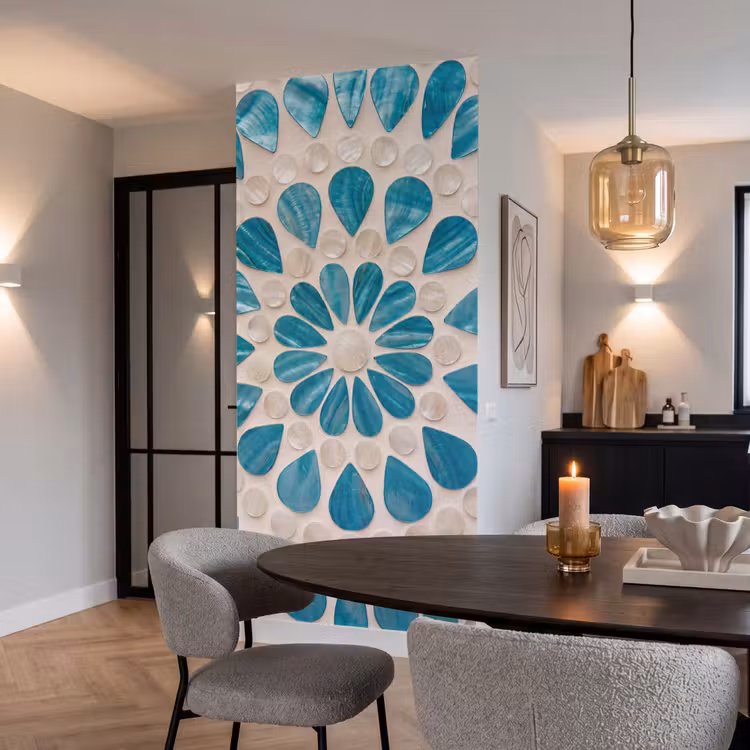 Patroon - Mozaïek - Schelpen - Abstract - Turquoise Behang Vlies klein -sfeer3