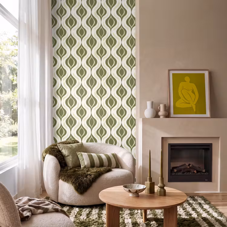 Patroon - Retro - Groen Behang Vlies klein 1076 -sfeer2