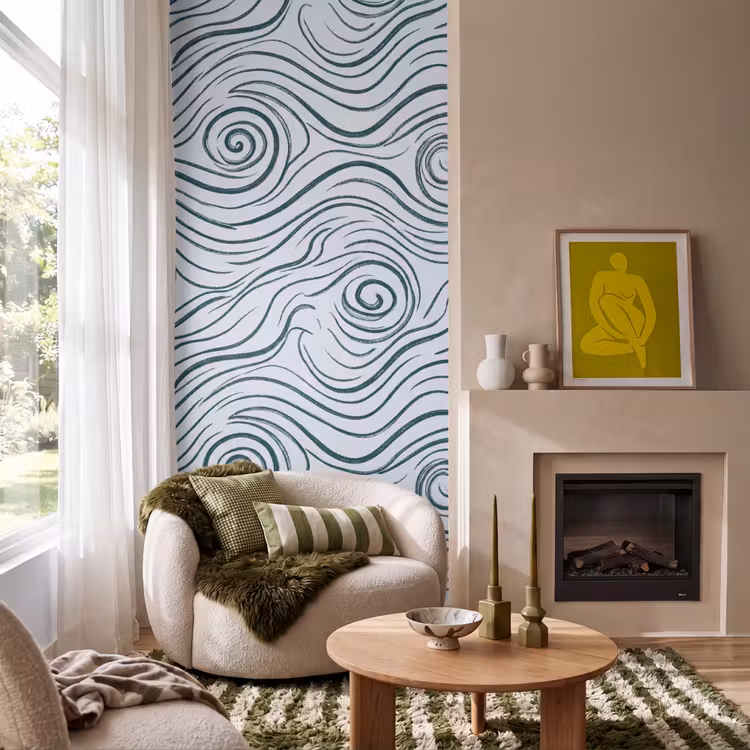 Patroon - Golven - Abstract - Modern - Blauw Behang Vlies klein -sfeer2