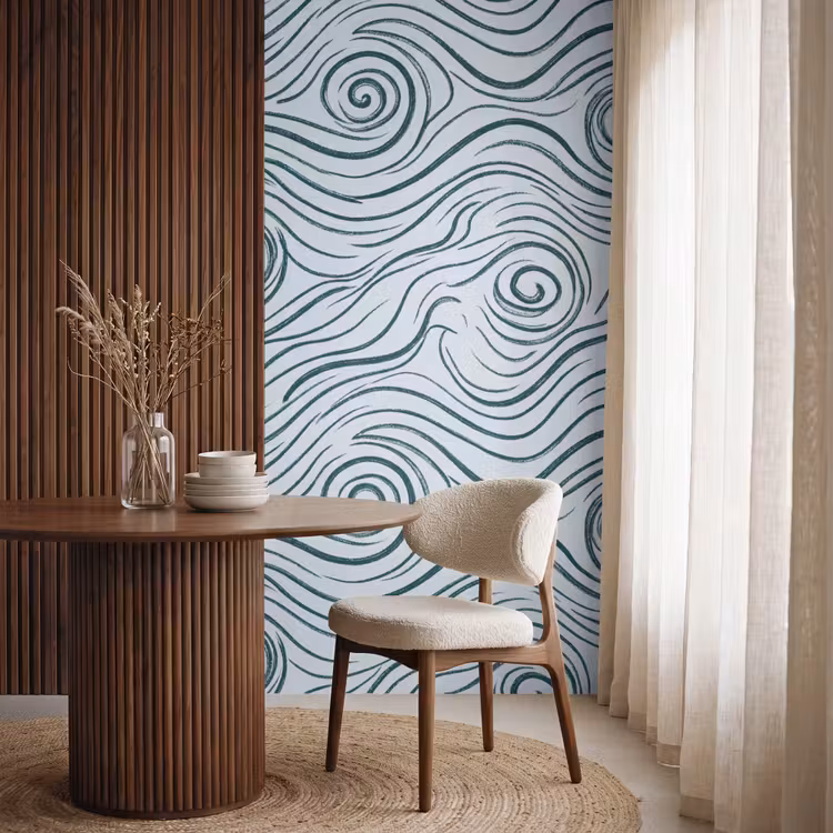 Patroon - Golven - Abstract - Modern - Blauw Behang Vlies klein -sfeer1