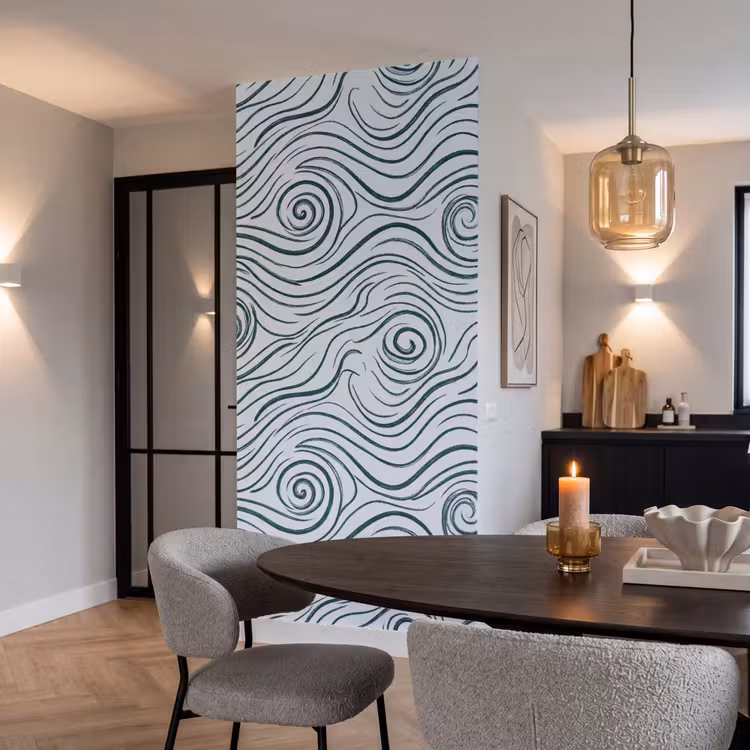 Patroon - Golven - Abstract - Modern - Blauw Behang Vlies klein -sfeer3