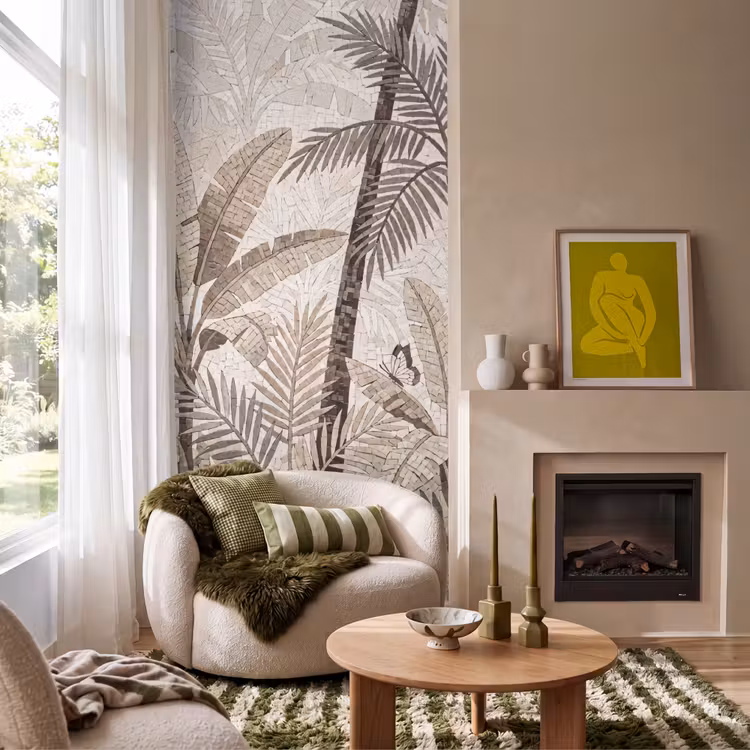 Natuur - Bladeren - Landschap - Mozaïek - Beige Behang Vlies klein -sfeer2