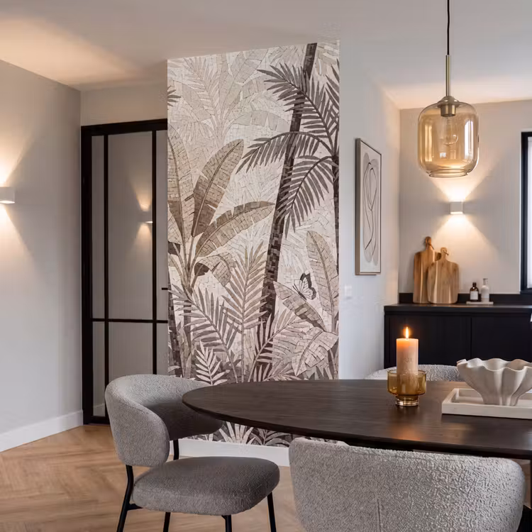 Natuur - Bladeren - Landschap - Mozaïek - Beige Behang Vlies klein -sfeer3