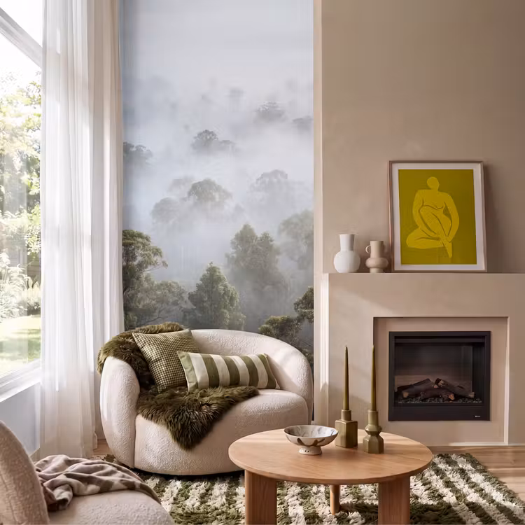 Natuur - Mist - Bos - Ochtend - Goud Behang Vlies klein -sfeer2