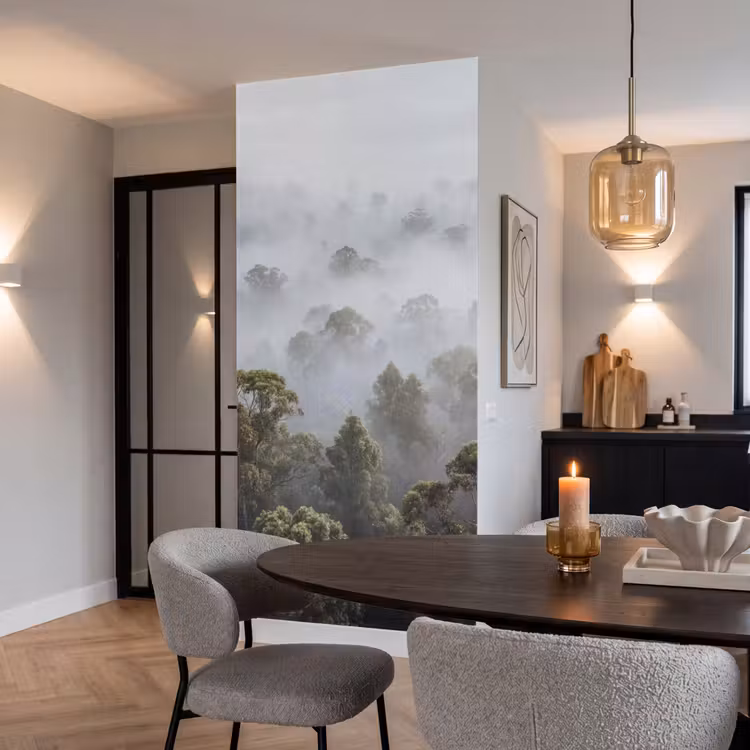 Natuur - Mist - Bos - Ochtend - Goud Behang Vlies klein -sfeer3
