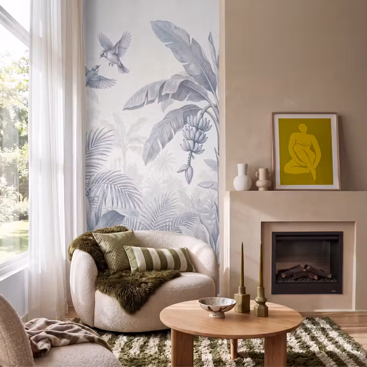 Natuur - Vogel - Jungle - Illustratie - Blauw Behang Vlies klein -sfeer2
