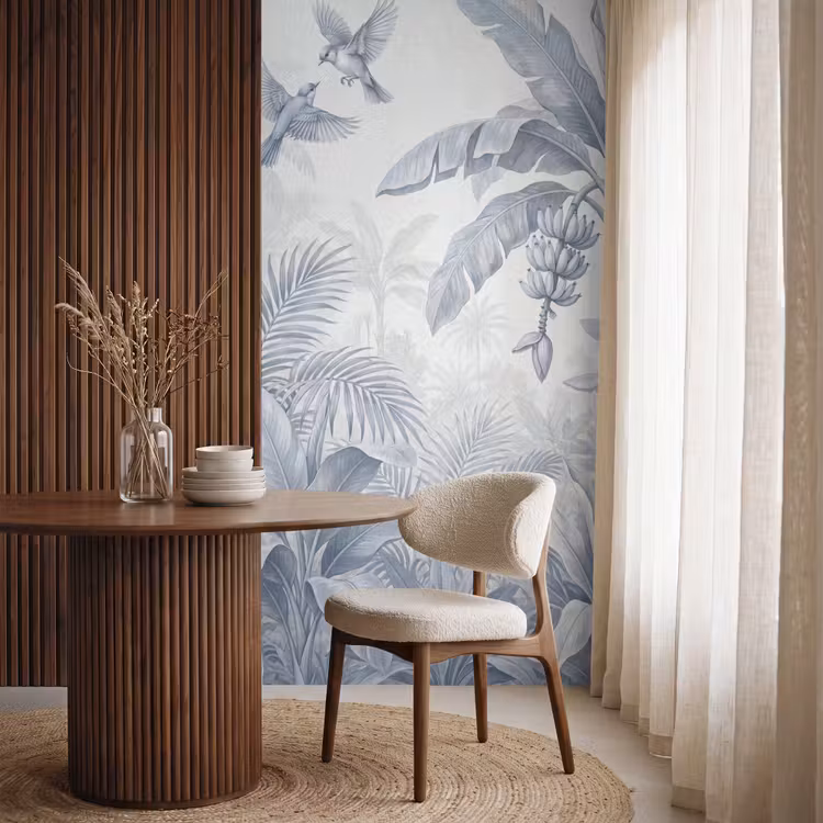 Natuur - Vogel - Jungle - Illustratie - Blauw Behang Vlies klein -sfeer1