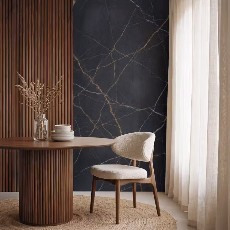 Natuursteen - Marmerpatroon - Abstract - Modern - Zwart - Goud Behang Vlies klein -sfeer1