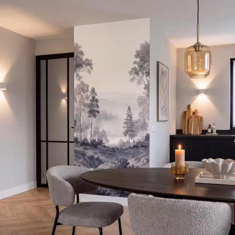 Mistig - Berglandschap - Illustratie Behang Vlies klein -sfeer3